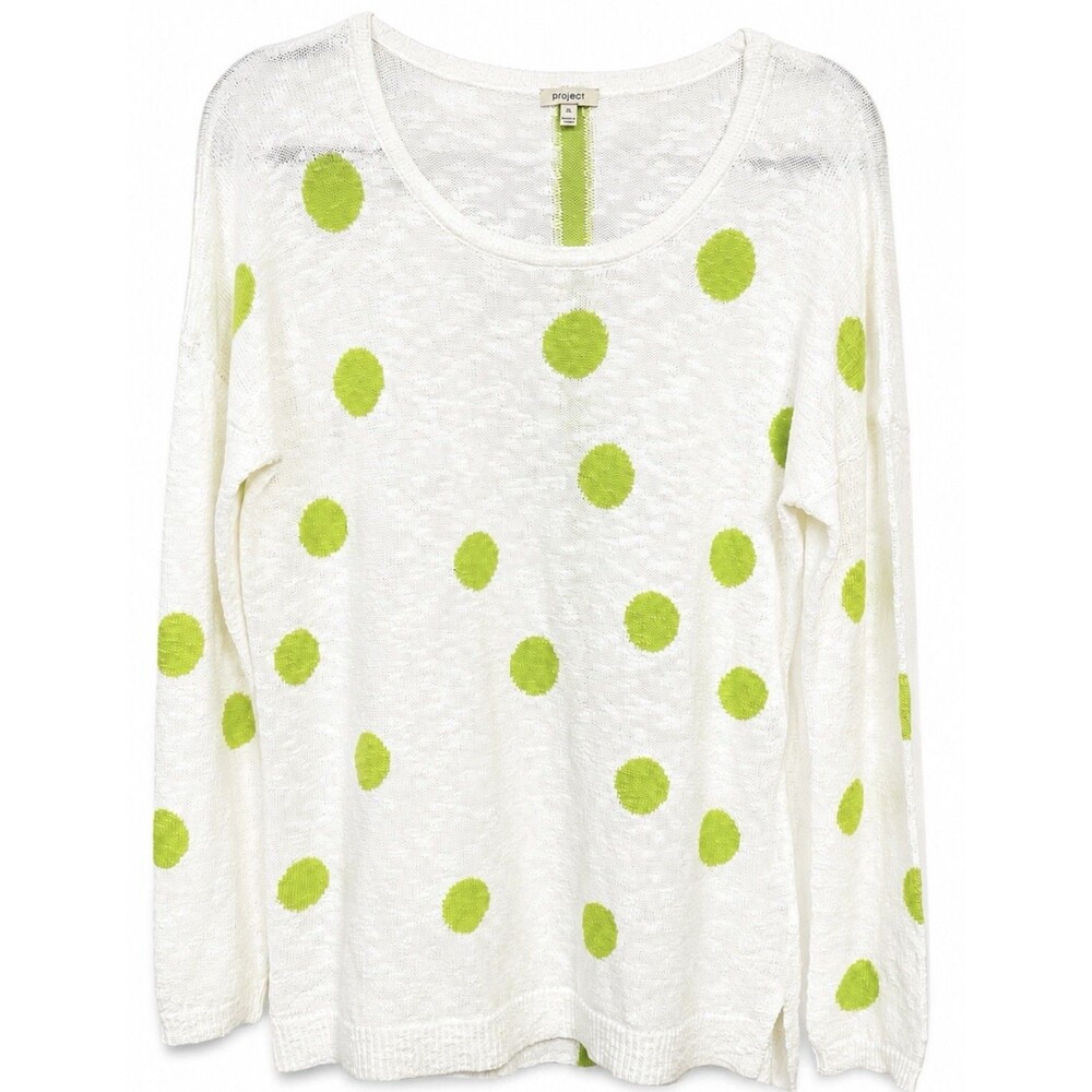 Project XL Women’s Linen Blend Sweater White Lime Green Polka Dot Lightweight